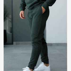 Pantalon de survêtement vert foncé pour homme, taille élastique, cordon de serrage, poches latérales, décontracté, pour l'automne, en coton tricoté mi-lourd - Product Image 4