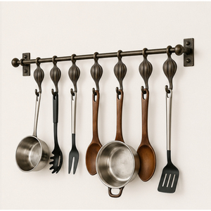 Antique Bronze Wall Mounted Utensil Rack with <b>Hooks</b> Metal Kitchen Hanging Rail for Pots Pans and Spatulas Storage Organizer - Product Image 1