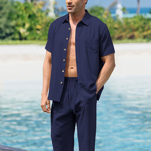 Custom Men's Matching Shirt Trouser Co Ord Set 100% Cotton Lightweight Breathable Eco-Friendly Resort Vacation Casual Clothing - Product Image 4