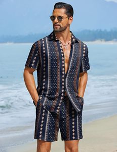 Men Poolside <b>Set</b> Floral Leaf Print Short Sleeve Shirt Beach Shorts Matching Summer Holiday Casual Colorful top mens twin <b>set</b> - Product Image 3
