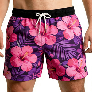 Traje de Baño para Hombre, Estampado Floral Morado, Secado Rápido, Cintura Media, Cordón Ajustable, Shorts Casuales, 100% Poliéster Tejido - Product Image 1