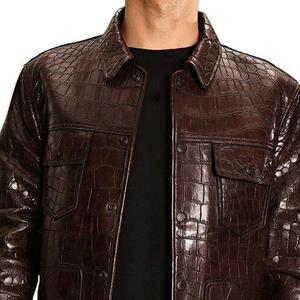 Veste en cuir PU marron pour homme, effet crocodile, col rabattu, style décontracté, simple boutonnage, coupe classique - Product Image 2