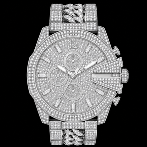 Montre chronographe en argent sertie de pierres avec bracelet cubain, montre de luxe pour homme, sertie de pierres, tendance - Product Image 1