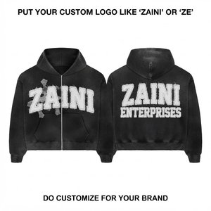 Premium 330gsm Woven <b>Zipper</b> <b>Hoodie</b> Heavyweight <b>Black</b> Streetwear Custom Chenille Embroidery Logo Unisex Eco-Friendly Breathable - Product Image 1