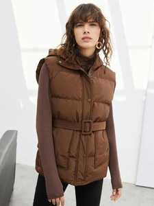 Gilet matelassé à capuche marron pour femme AMDAA ENTERPRISES, coupe décontractée, coupe-vent, respirant, couleur unie, manches longues - Product Image 1
