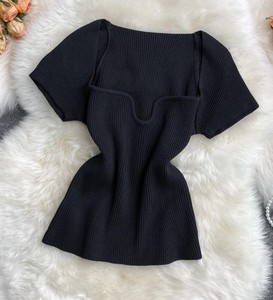 Blouses en tricot décontractées pour femmes, style été, mi-longues, à nœud simple, manches courtes, col carré, couleur unie, hauts de fête - Product Image 5