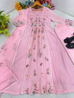 Ensemble Salwar Kameez Rose Brodé en Soie Chanderi, Longueur Ras du Sol, Séchage Rapide, Coupe A-line, Kurta, Pantalon et Dupatta, Style Traditionnel Indien et Pakistanais