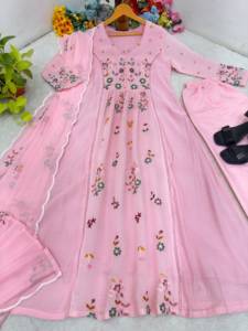 Pink Embroidered Chanderi <b>Silk</b> Floor-Length Quick Dry Salwar Kameez Set A-line <b>Kurta</b> Pant Dupatta Traditional Indian Pakistani - Product Image 5