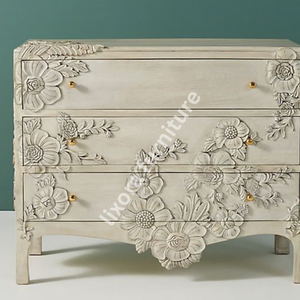 Commode de luxe artisanale en bois massif à 3 tiroirs, avec relief floral végétal orné, finition blanc antique - Product Image 3