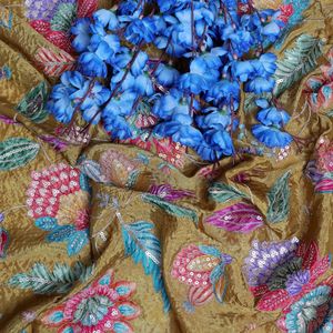 ผ้าไหมออร์แกนซ่าเนื้อละเอียดหรูหรา ลายดอกไม้พืชพรรณ ปักเลื่อม น้ำหนักปานกลาง สีมัสตาร์ดทอง เหมาะสำหรับชุดแต่งงาน - Product Image 5