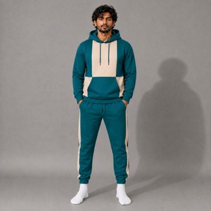 Unisex Heavyweight Printed <b>Teal</b> Beige Color Block Hooded Tracksuit Set Pullover Hoodie Side Stripe Jogger Pants for Streetwear - Product Image 1