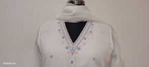 White Cotton <b>Kurti</b> With Embroidered V-Neck And Star Motifs Loose Fit Ankle-Length Traditional Women's Casual Wear India Style - Product Image 5