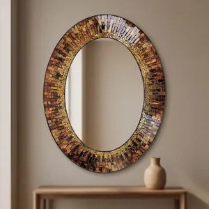 Oval Brown Gold Mosaic <b>Wall</b> <b>Mirror</b> Handmade Copper Glass Tile Frame Luxury Decorative Oval <b>Mirror</b> for Modern <b>Living</b> <b>Room</b> Bedroom - Product Image 1