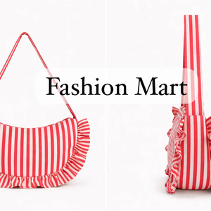 Women’s Striped Shoulder Bag with Ruffle Design Cotton Casual Handbag Trendy Crescent Shape Purse - Product Image 1