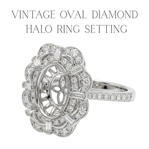 Anillo de Halo Ovalado Art Deco de Oro Sólido de 18k con Diamantes, Montura Semifinalizada para Marca Privada - Product Image 1