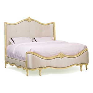 Teak Wood Classic French Demi-Corbeille Gold Trim Upholstered <b>Bed</b> Frame - Product Image 1