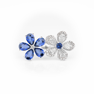 Bague élégante pour femme en argent sterling 925 avec saphir bleu et fleur blanche, taille poire, halo, bijou raffiné, cadeau pour elle - Product Image 5