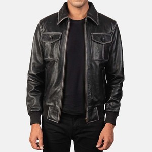 Men's Black Genuine Leather Moto Jacket Turn-Down Collar Zipper Front Solid Color Autumn Wear - Product Image 3