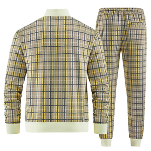 Ensemble de survêtement 2 pièces pour homme, beige à carreaux, veste zippée à col rabattu, manches longues, pantalon de survêtement à cordon de serrage, décontracté - Product Image 5