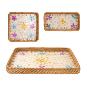 Bandeja de servir de ratán tejida a mano con nácar, diseño floral, Vietnam, para cocina y comedor, venta al por mayor - Product Image 2