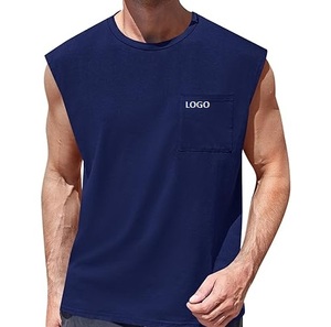 เสื้อกล้ามผู้ชายสีพื้นผ้าฝ้าย เสื้อออกกำลังกายลำลองมีกระเป๋า - Product Image 3