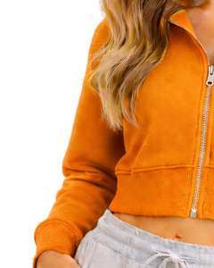 Sudadera con capucha corta con cremallera para mujer, sudadera informal de manga larga, ropa de calle de lana suave, color naranja, moda Otoño Invierno - Product Image 4