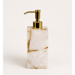 Distributeur de savon en marbre blanc naturel avec pompe dorée, flacon carré moderne en pierre pour lavage des mains, idéal pour hôtels de luxe et salles de bain à domicile - Product Image 1