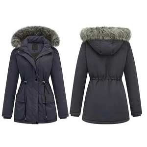 Women Winter Parka Jacket Genuine Leather Shell Fur Trim Hood Windproof Quilted Breathable Cotton Filled Long Sleeve <b>Animal</b> - Product Image 1