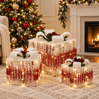 Ensemble de 3 boîtes cadeaux de Noël en métal écologiques avec LED blanc chaud et nœud en peluche pour la décoration de la maison, du porche et des fêtes