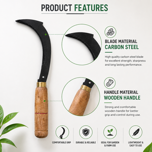 Faucille traditionnelle en acier au carbone avec manche en bois pour couper l'herbe, désherber, récolter, outil manuel pour l'agriculture, le jardin et la ferme - Product Image 2