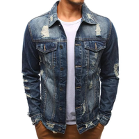 Blouson en jean déchiré décontracté pour homme, col montant, logo frontal, teint uni, coupe ample, en polyester, vente en gros, personnalisable, collection printemps