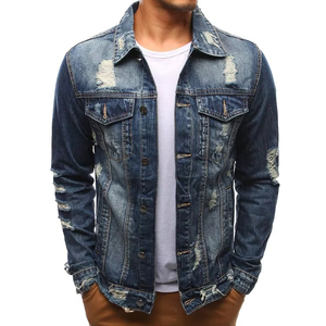 Chaqueta vaquera desgastada con cuello alto y logo frontal, personalizada al por mayor, para hombre, estilo casual, teñida lisa, para primavera - Product Image 1