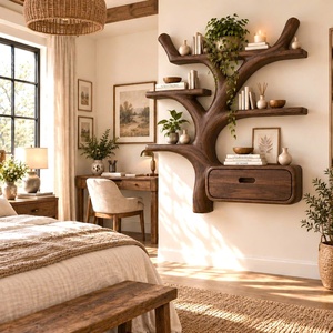 Étagère murale en bois Luxali, contemporaine, unique, faite à la main, avec plusieurs étagères et tiroirs pour la maison, le bureau, la salle d'étude et le salon - Product Image 1