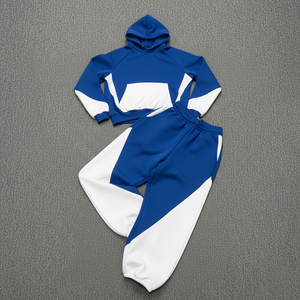 Ensemble sweat à capuche streetwear homme bleu et blanc color block, décontracté, pour l'hiver, 100% coton FRENCH TERRY, respirant, tricoté - Product Image 6