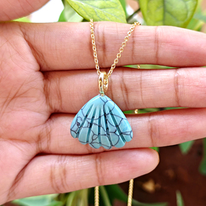 Azure bloom turquoise shell carving <b>with</b> white cubic zirconia bezel setting pendant necklace 18k gold plated <b>cable</b> chain jewelry - Product Image 4