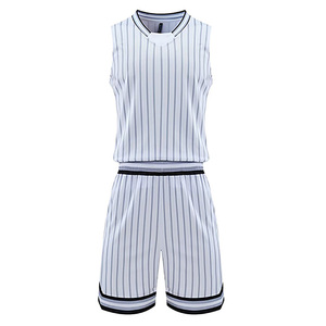 Ensemble de maillots de basket-ball sublimés personnalisés pour hommes, col en V, sans manches, rayé bleu et blanc, respirant, en polyester, vêtements de sport pour adultes - Product Image 2