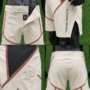 Shorts de MMA pour hommes Topline Products, coupe athlétique, anti-humidité, séchage rapide, respirant, blanc avec bordure orange. - Product Image 4