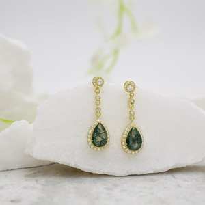 Boucles d'oreilles en agate mousse, forme poire, argent sterling 925, plaqué or 14 carats, bijoux en pierres précieuses pour femmes - Product Image 1