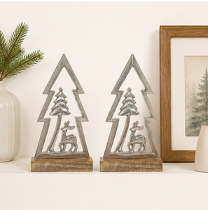 Handmade Premium Silver Metal Christmas <b>Tree</b> Sculpture with Reindeer On Natural Mango Wood Base For Modern Home And <b>Tabletop</b> - Product Image 2