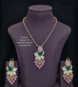 Ensemble collier pendentif paon 11614 avec zircone cubique, pierres précieuses vertes, roses et jaunes, boucles d'oreilles assorties, bijoux de mode pour mariage et fête - Product Image 1