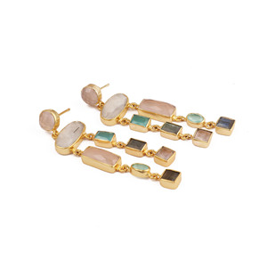 Multi Gemstone Statement <b>Earrings</b> Gold Plated Tiered <b>Dangle</b> <b>Earrings</b> Pink Aqua <b>Black</b> Jewelry - Product Image 2