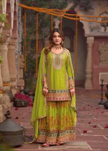 Designer Real <b>Mirror</b> Hand Work With <b>Chain</b> Sequence Work Chinon SIlk Readymade Top With Plazzo And Dupatta Set - Product Image 1