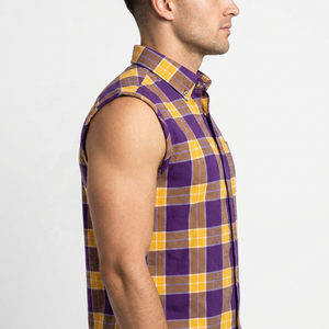 OEM Custom <b>Men's</b> Purple <b>Yellow</b> Brown 100% Cotton T-<b>Shirt</b> Vintage Jersey Flannel Plaid Heavyweight Knitted Distressed 220g <b>Shirt</b> - Product Image 3