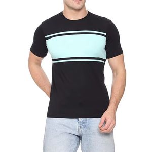 Camiseta Negra de Cuello Redondo con Panel Horizontal Azul Claro - Moda Casual Moderna, Tejido de Algodón Transpirable, Ropa Urbana de Verano - Product Image 1