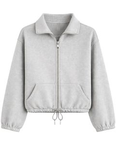 Sudadera corta de forro polar gris claro con cremallera completa para mujer, cuello polo, bolsillos delanteros, dobladillo con cordón ajustable, estilo casual y cálido para la calle - Product Image 1