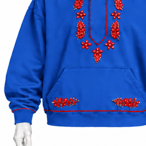Royal Blue Indus Embroidered Pullover <b>Hoodie</b> Decorative Floral <b>Stitching</b> Kangaroo Pocket Relaxed Casual Streetwear Winter - Product Image 5