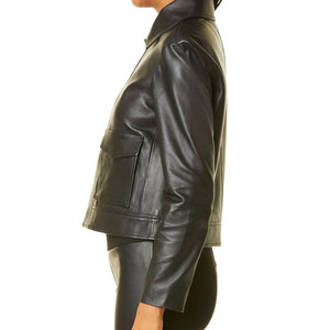 Blouson de motard en cuir véritable pour femme, col rabattu, fermeture éclair, manches longues, coupe courte, vêtement d'extérieur pour moto - Product Image 4
