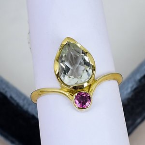 Bezel Setting Green Amethyst Gemstone <b>Ring</b> Solid 925 Sterling Silver Gold Plated Rhodolite <b>Garnet</b> Accent Romantic Women <b>Ring</b> - Product Image 2