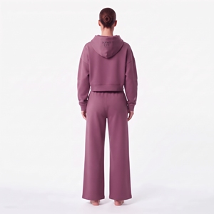Conjunto Deportivo Informal para Mujer, Top Corto con Capucha, Manga Larga, Hombros Caídos y Pantalones Anchos, Transpirable y Ecológico - Product Image 3