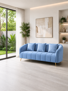 Canapé modulaire moderne en bois bleu Alexis avec tissu personnalisé, trois places, design modulaire pour hôtel, hôpital, villa, décoration de salon - Product Image 3